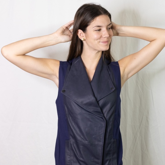 Vince Navy Blue Leather Front Vest Jacket *NEW* - Picture 2 of 10